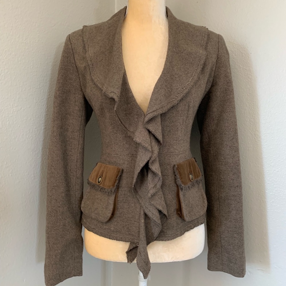 CAbi Brown Wool Raw Hem Blazer 4P- altered sleeves to fit petite fits like a 6P